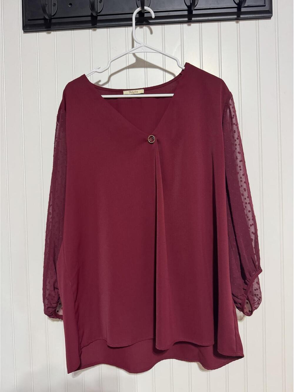 Bebonnie Swiss Dot Long Sleeve Blouse Womens XXL Burgundy V Neck Pleated Tunic